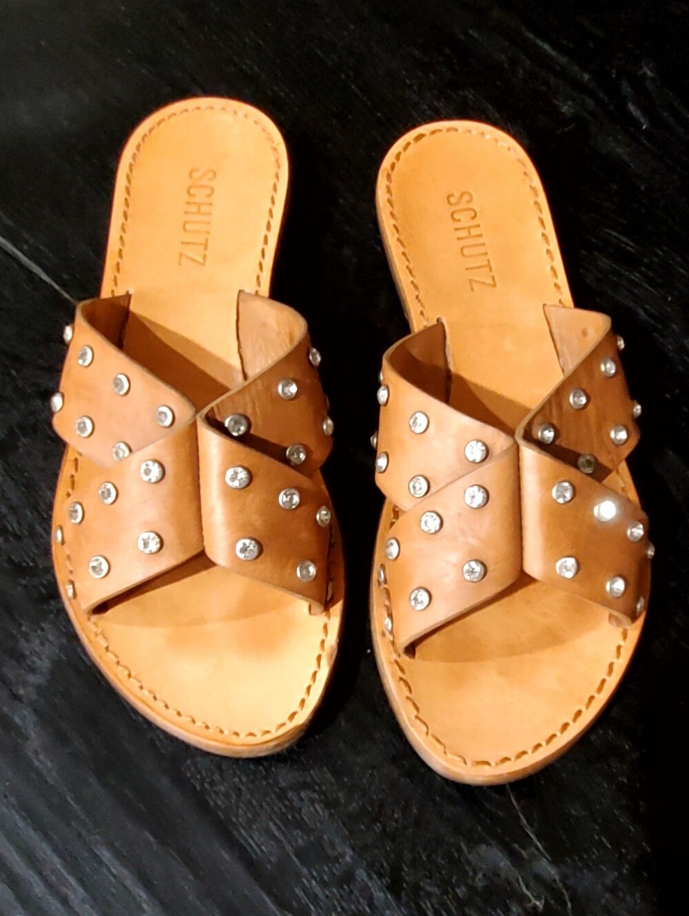 Schutz Rhinestone Studded Open Toe Brown Leather Slide Sandals, SZ 7, EUC